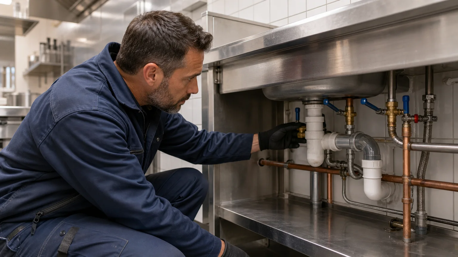 Technicien inspectant la plomberie sous une plonge professionnelle