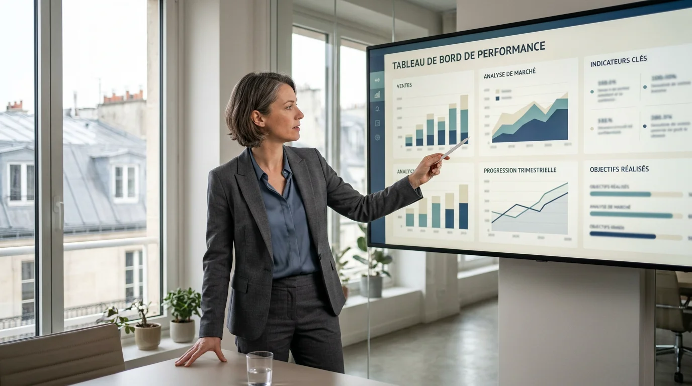 Dirigeante analysant un tableau de bord de pilotage d'entreprise sur écran