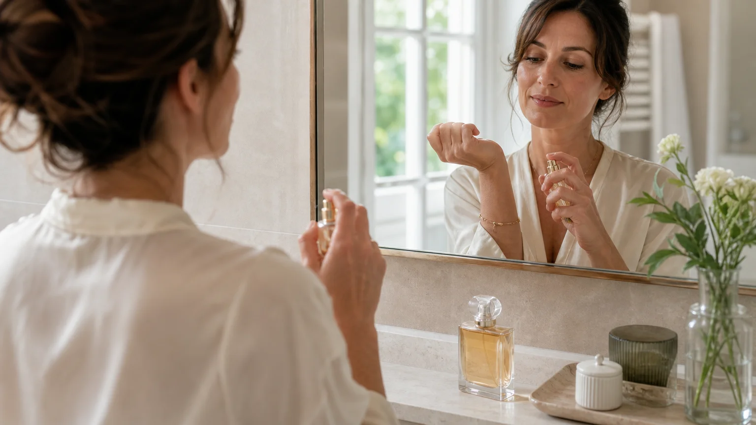 Application d’une fragrance féminine sur le poignet dans une salle de bain lumineuse
