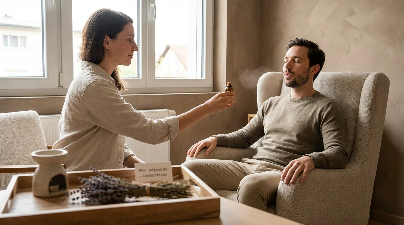 Thérapeute utilisant un protocole olfactif avec un client en séance