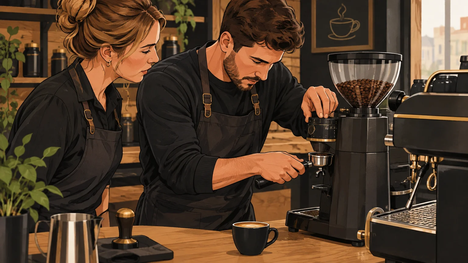 Une formatrice accompagne un entrepreneur dans le réglage d’un moulin espresso