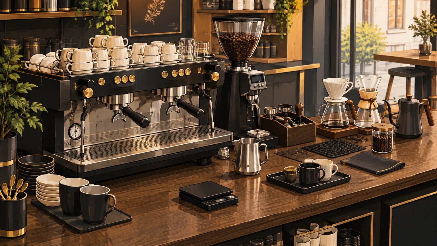 Poste de barista avec machine espresso, moulin et matériel de préparation