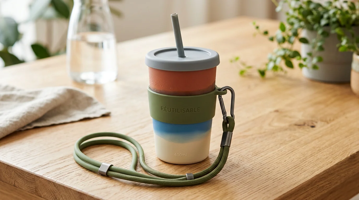 Tour de cou porte-gobelet en silicone tenant un gobelet réutilisable
