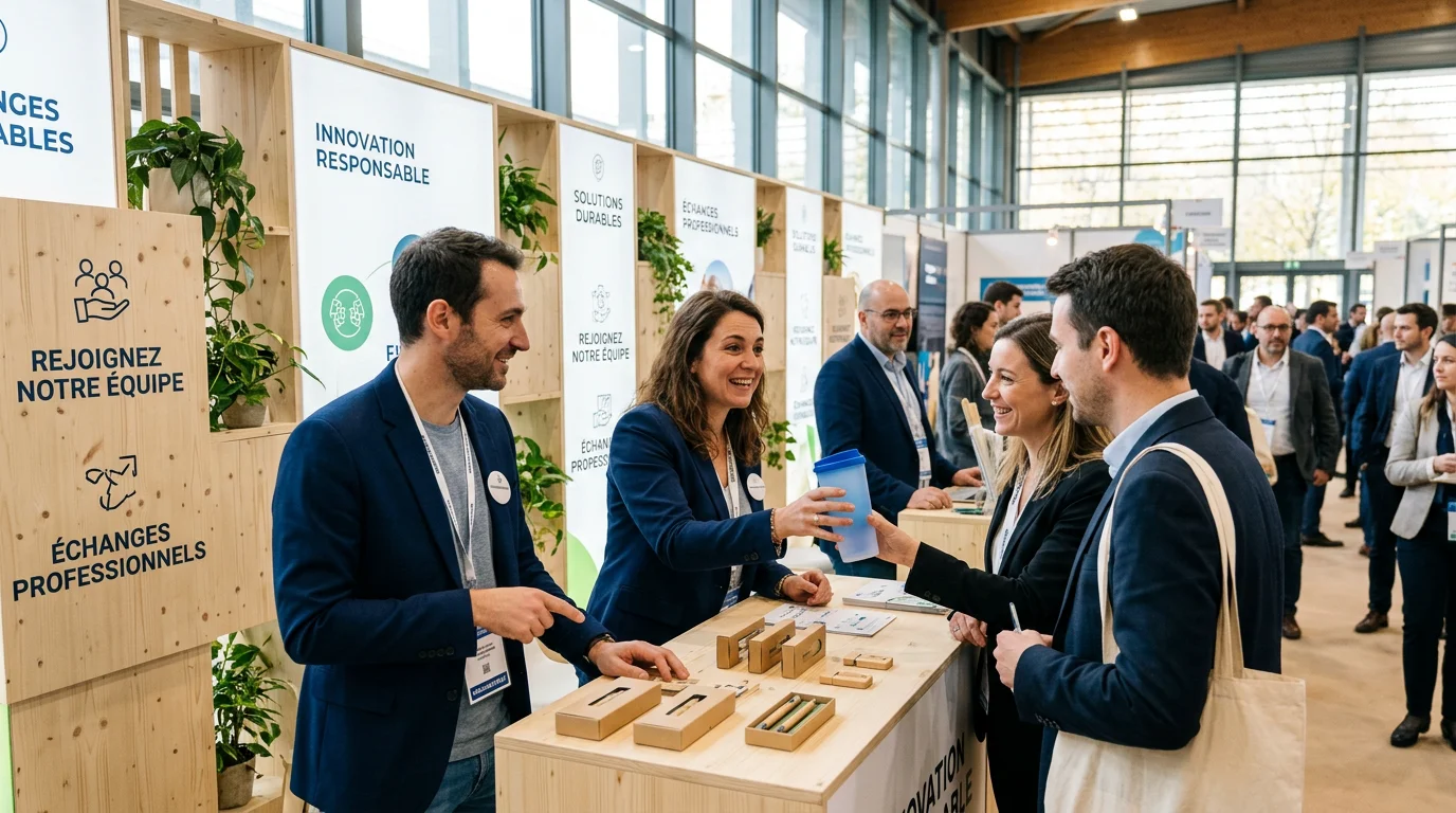 Distribution de goodies et gobelets réutilisables sur un stand de salon professionnel