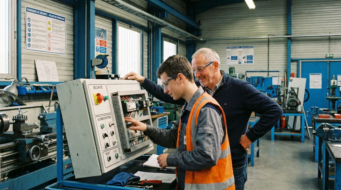 Alternant technicien de maintenance en formation pratique dans un atelier industriel en France