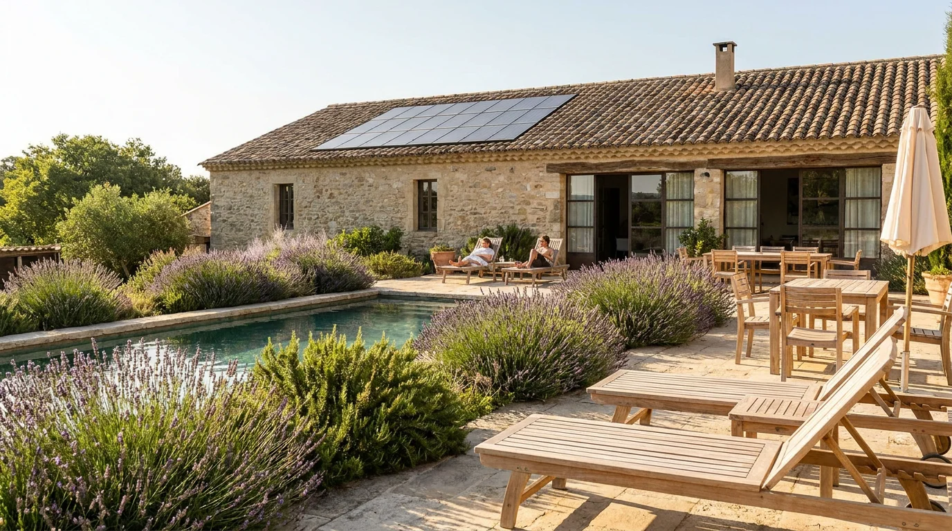 Terrasse d'un hôtel éco-responsable avec piscine dans le Luberon