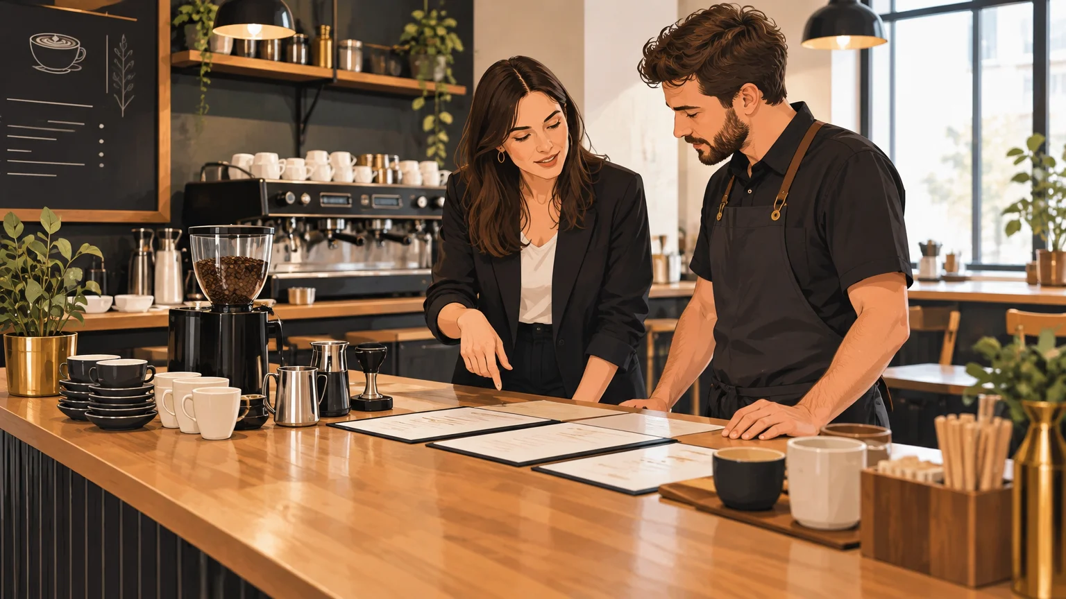 Échange autour de la carte et de l’organisation d’un comptoir de coffee shop