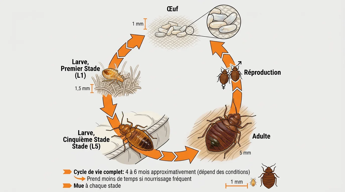 Schéma du cycle de vie et de la reproduction punaise de lit en cinq stades