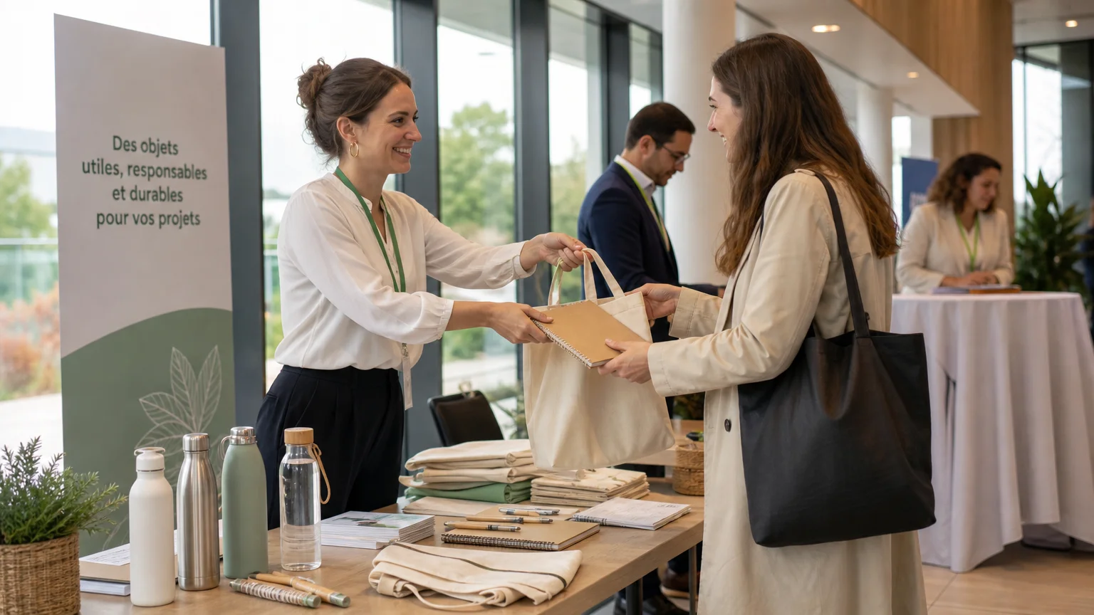 Distribution de tote bags et de carnets lors d’un événement professionnel