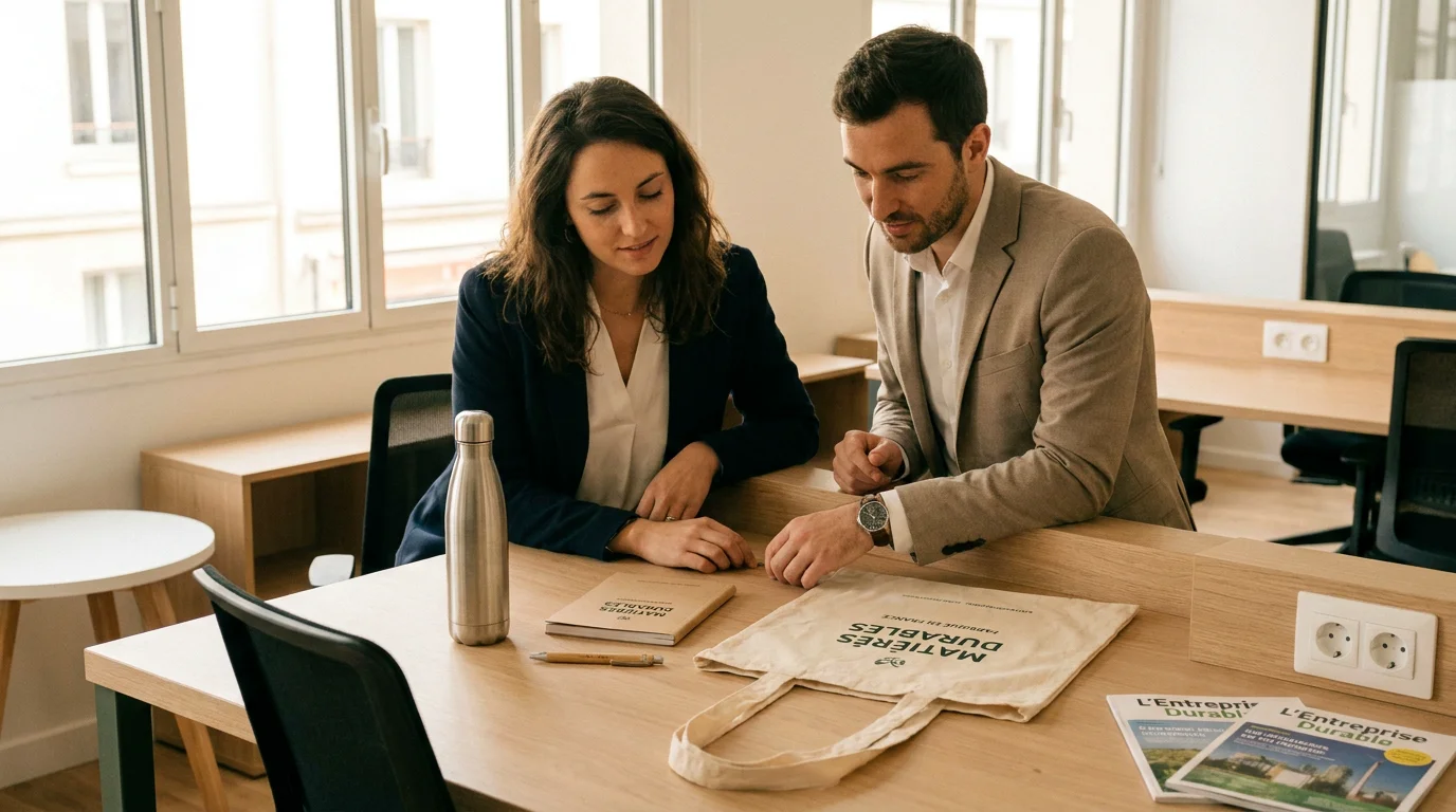 Objets publicitaires écoresponsables disposés sur un bureau professionnel en France