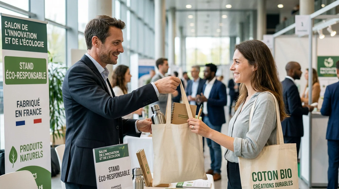 Distribution de goodies écoresponsables lors d'un salon professionnel en France