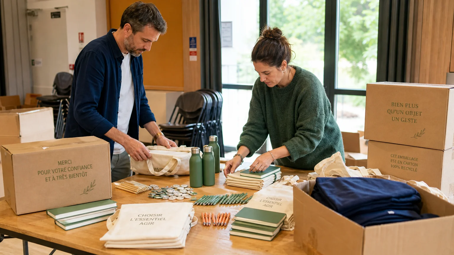 Préparation réaliste de goodies personnalisés pour un événement professionnel