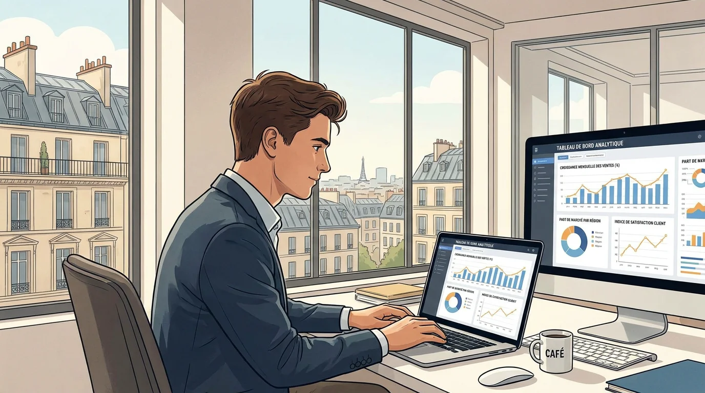 Jeune data analyst en alternance travaillant sur des tableaux de bord dans un bureau moderne en France