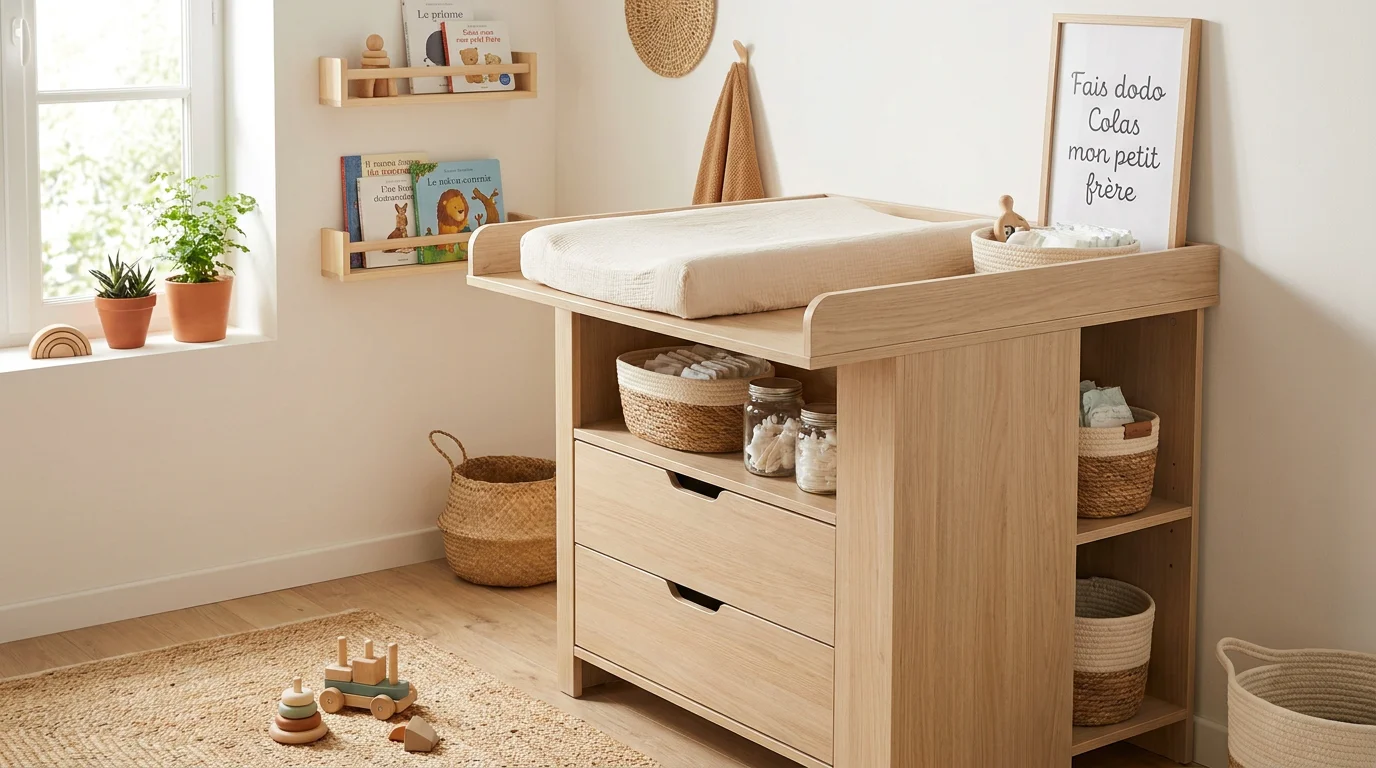 Meuble de change professionnel en bois avec rangements intégrés pour assistante maternelle