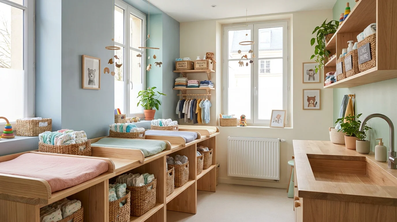 Salle de change aménagée dans une micro-crèche avec mobilier professionnel en bois