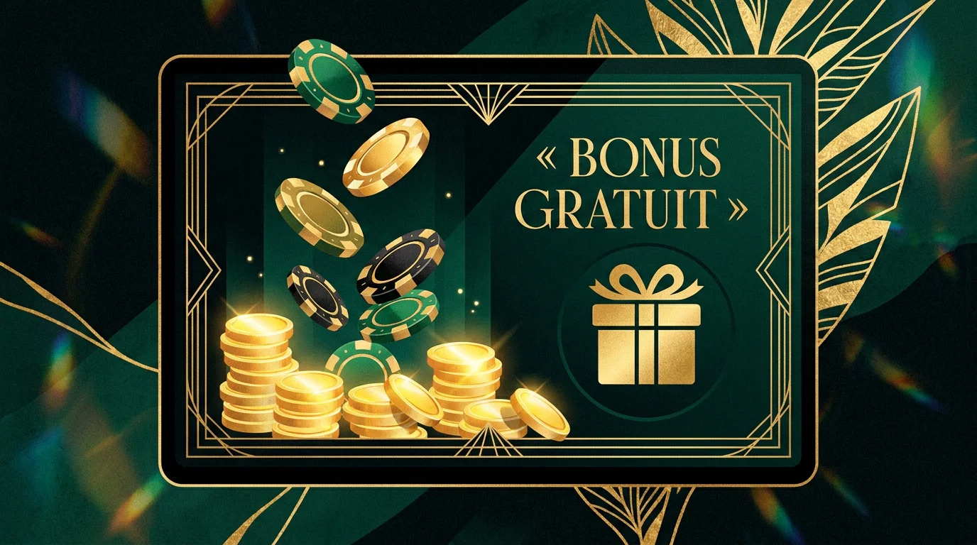 Illustration d'un bonus sans dépôt sur un casino en ligne avec jetons et pièces virtuelles