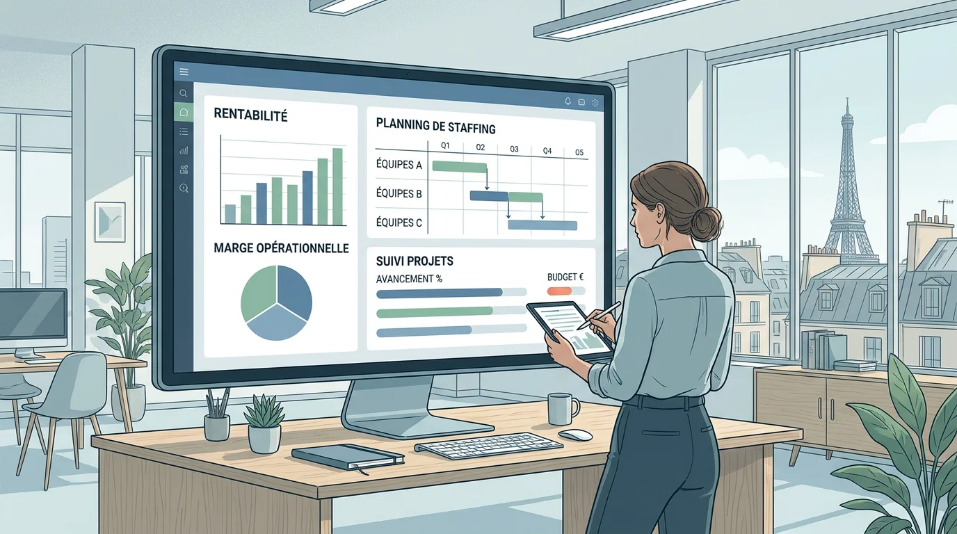 Tableau de bord d'un logiciel de gestion d'affaires avec indicateurs de rentabilité et planning de staffing