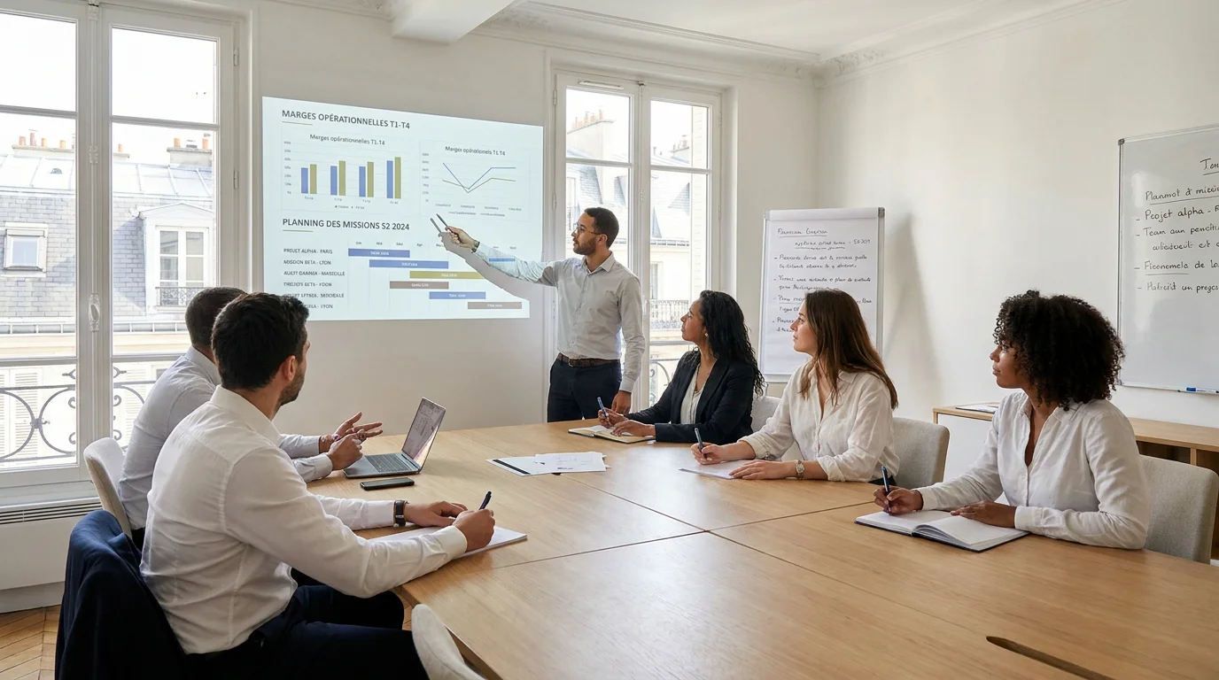 Équipe de consultants analysant des indicateurs de gestion d'affaires sur un écran en salle de réunion