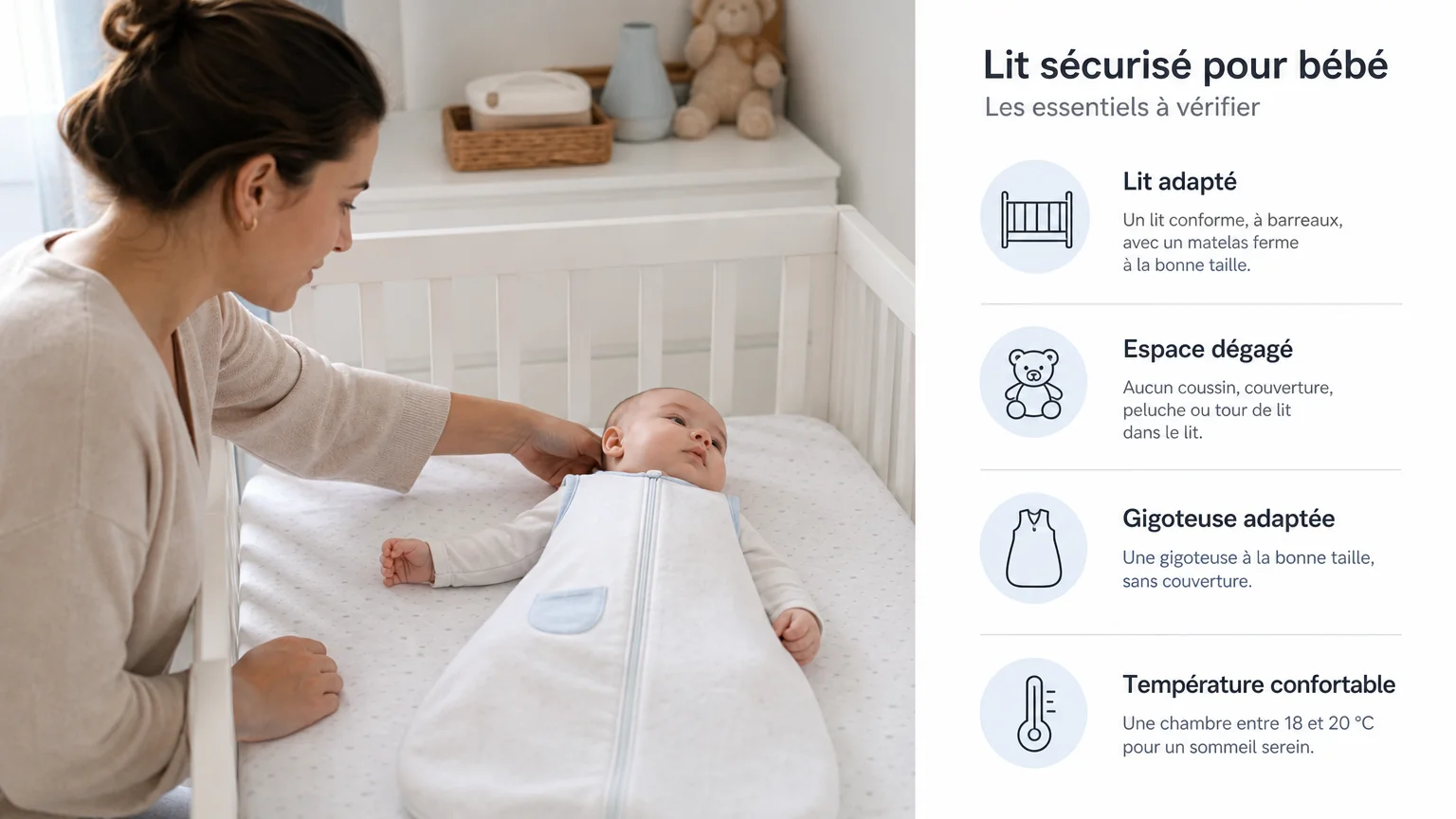 Parent vérifiant doucement la nuque d’un bébé dans sa gigoteuse