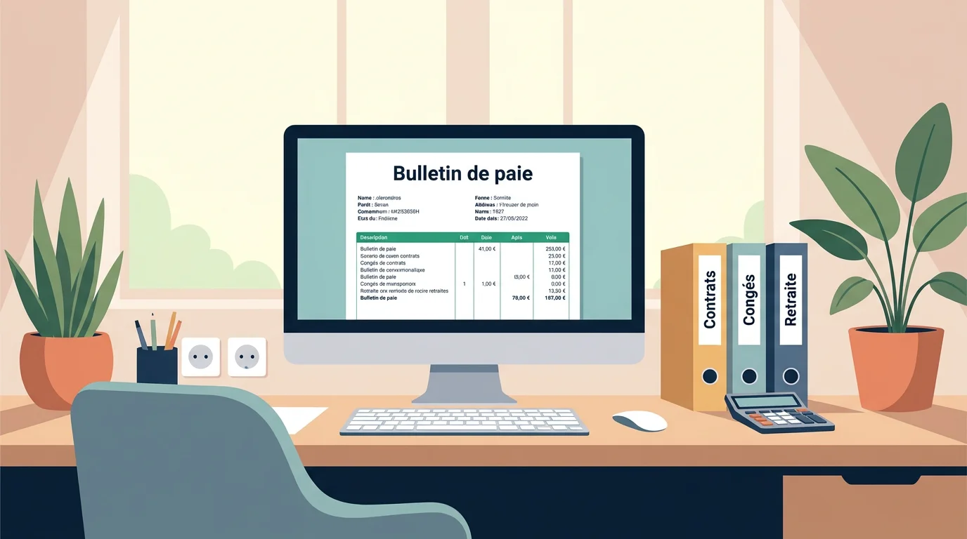 Bureau de gestionnaire de paie avec écran affichant un bulletin de paie en français
