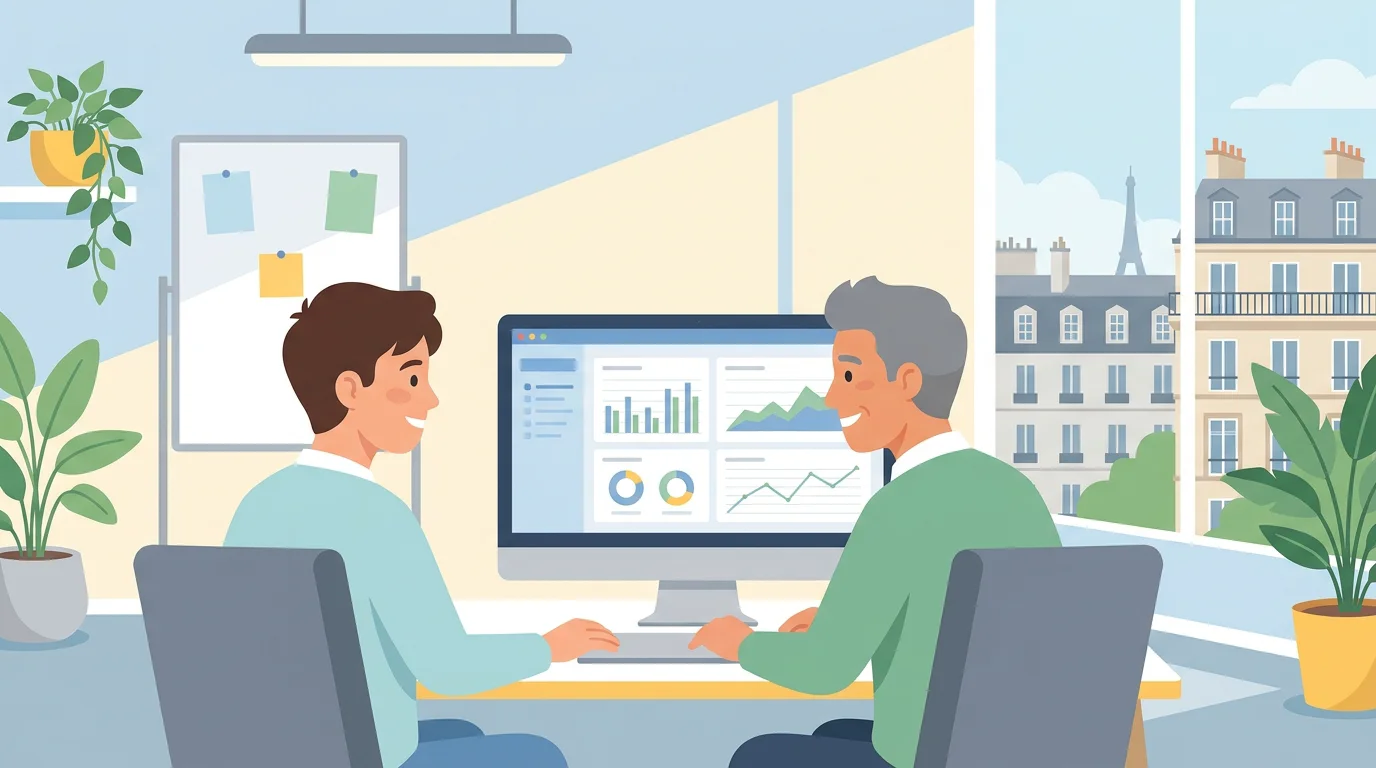 Alternant en gestionnaire de paie travaillant avec son tuteur dans un bureau RH