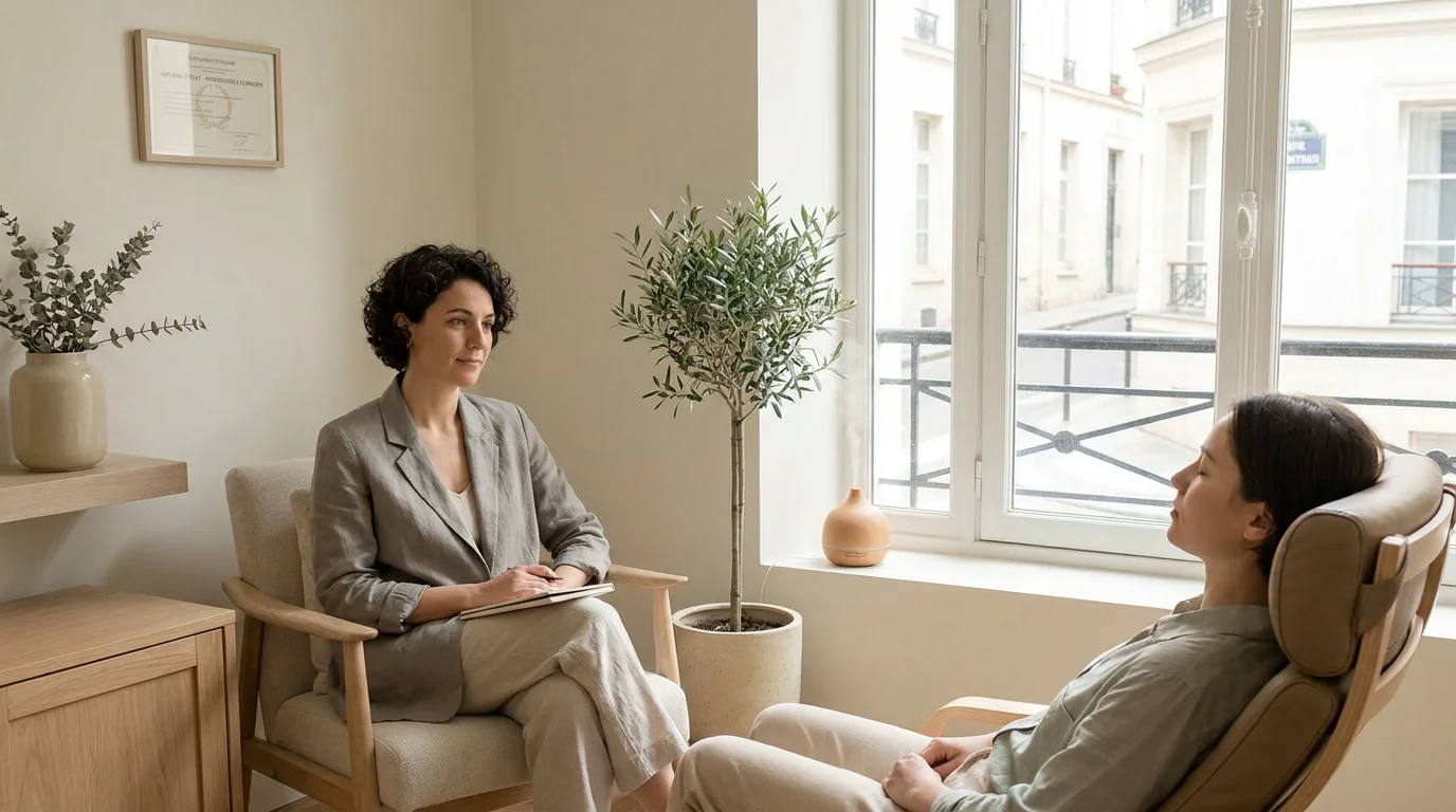 Hypnothérapeute en séance avec un client dans un cabinet professionnel en France