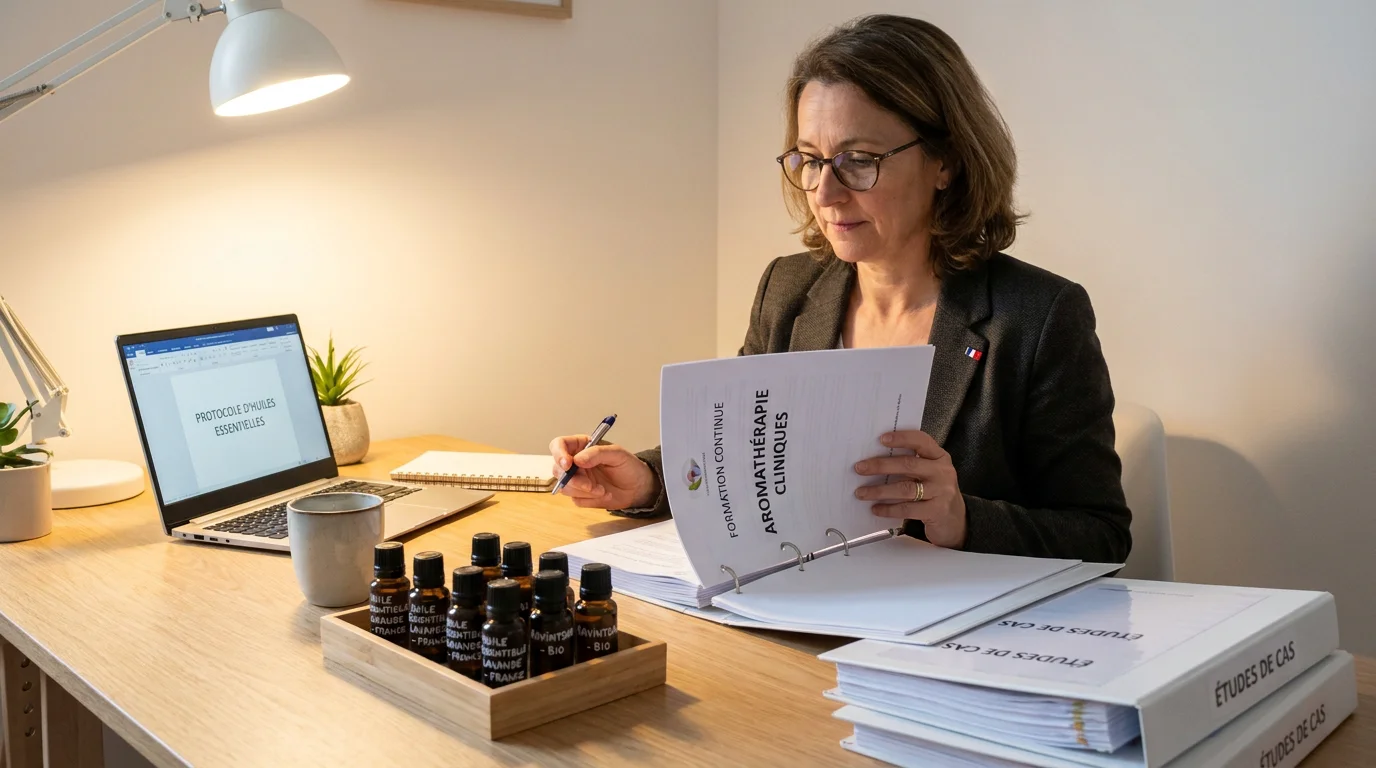 Praticien en formation continue avec des manuels et des outils d'accompagnement thérapeutique