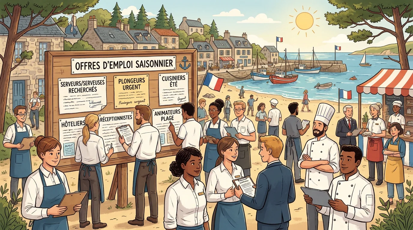 Tableau d'offres d'emploi saisonnier dans un village côtier français