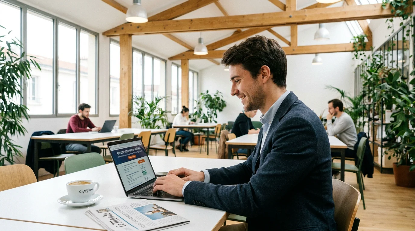 Candidat recherchant un emploi saisonnier en ligne dans un espace de travail moderne