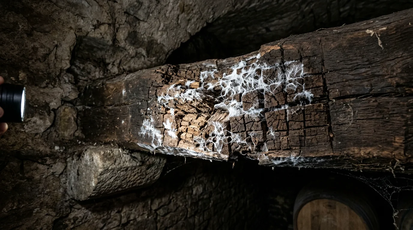 Poutre en bois attaquée par un champignon lignivore montrant une pourriture cubique et des filaments blancs