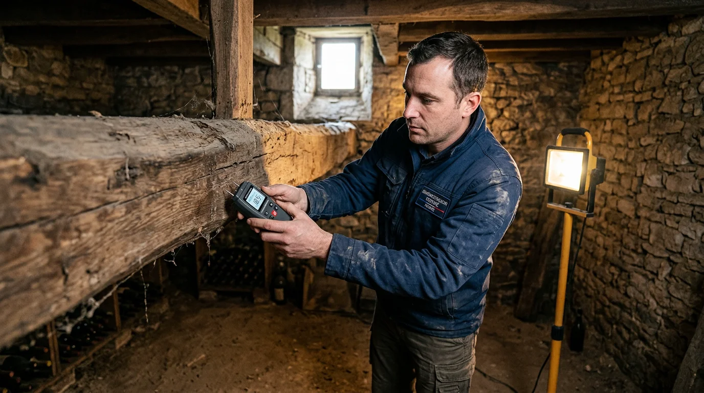Diagnostiqueur immobilier mesurant le taux d'humidité d'une poutre en bois avec un hygromètre