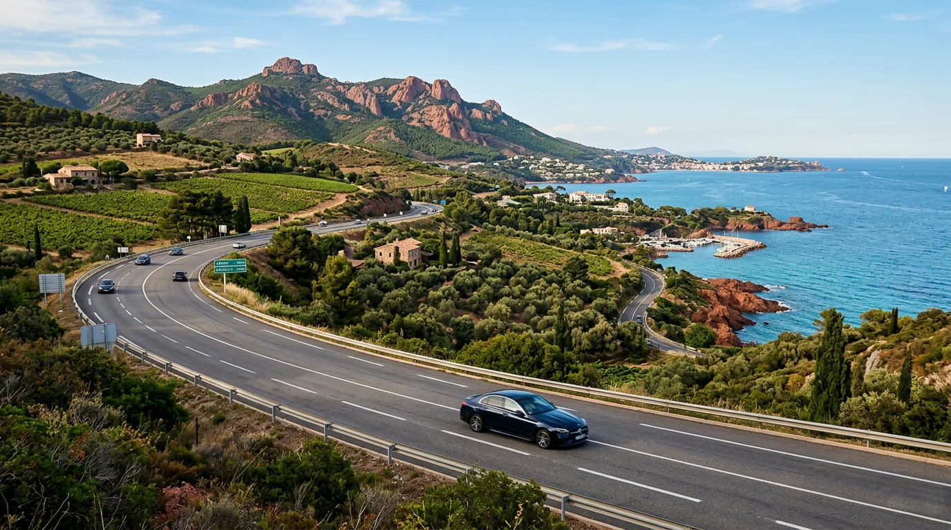 A sedan travelling along a French Riviera motorway toward Saint-Tropez