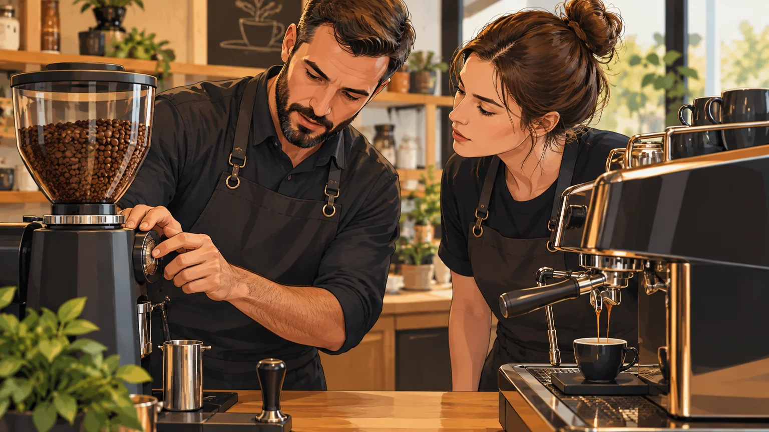 Un barista accompagne une élève pendant le réglage du moulin et l’extraction espresso