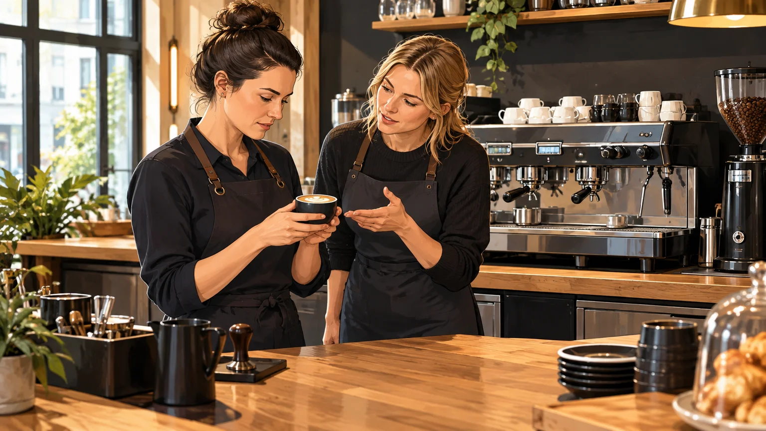 Une entrepreneuse échange autour d’une boisson signature dans son futur coffee shop