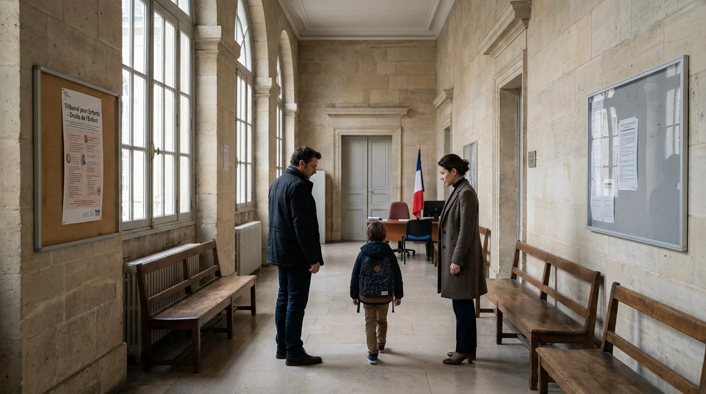 Couloir d'un tribunal de famille en France illustrant la question de la distance en garde partagée