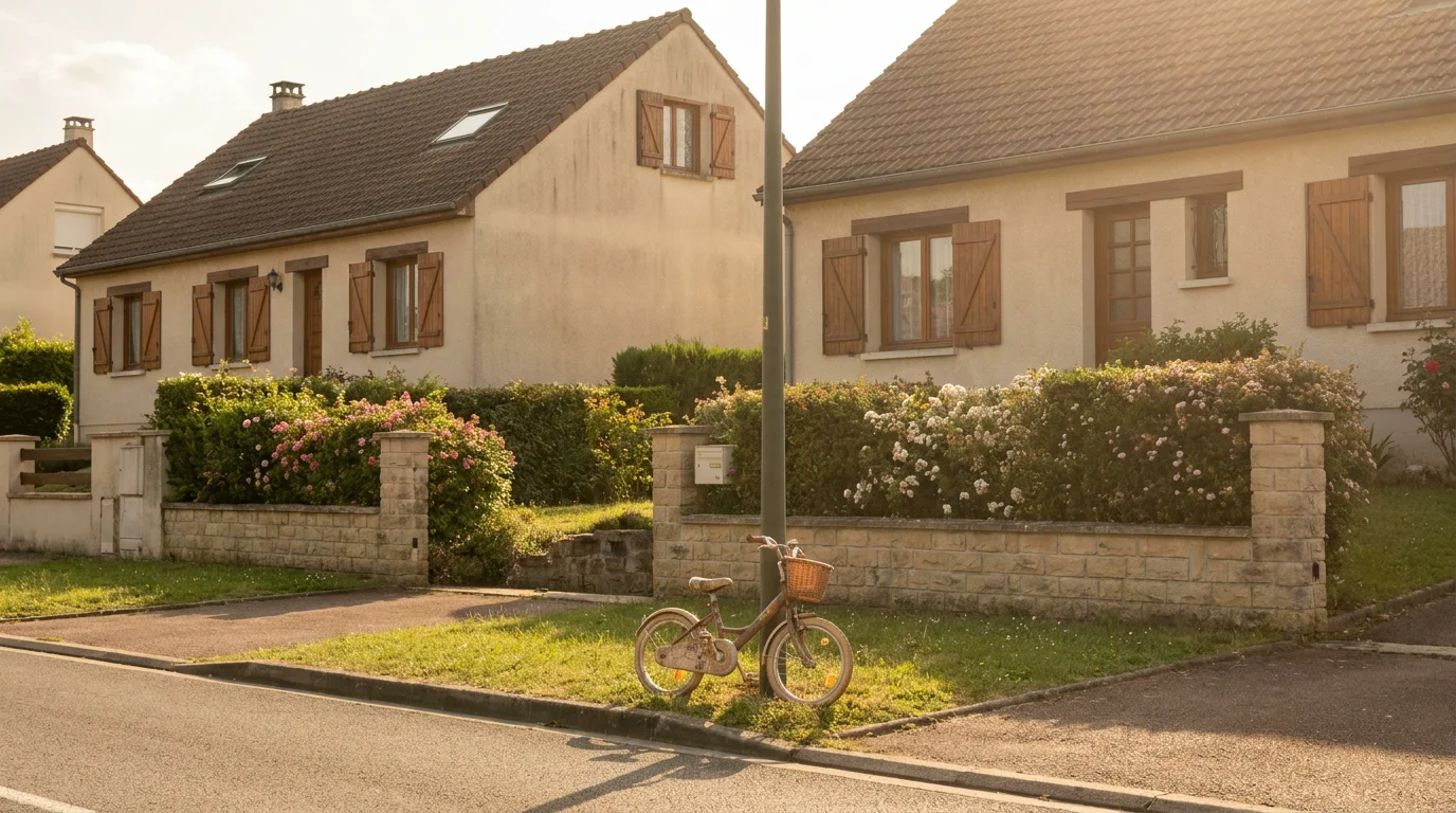 Deux maisons proches dans un quartier résidentiel français symbolisant la proximité nécessaire en garde partagée