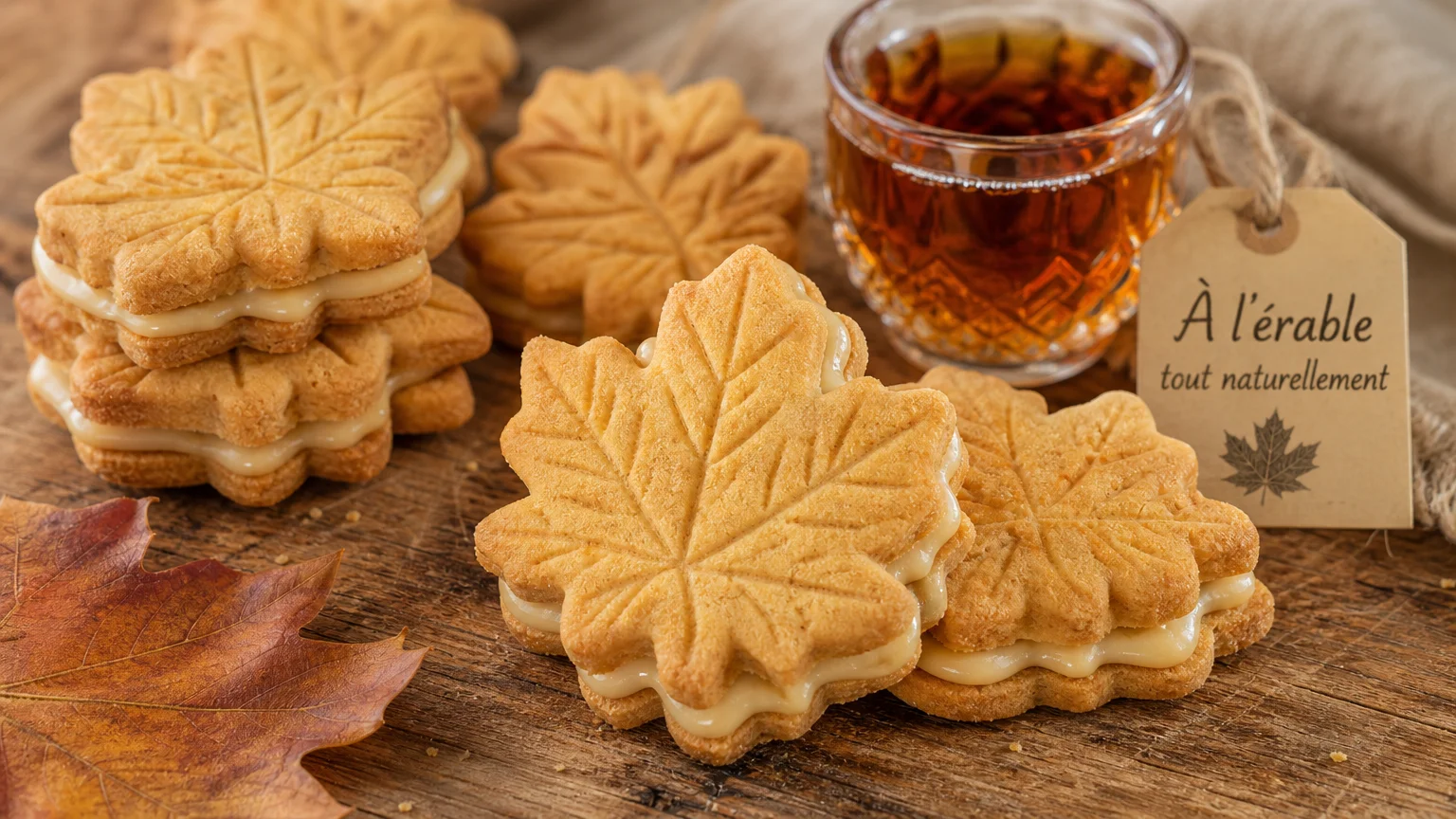 Biscuits en forme de feuille d'érable fourrés à la crème posés sur une table en bois