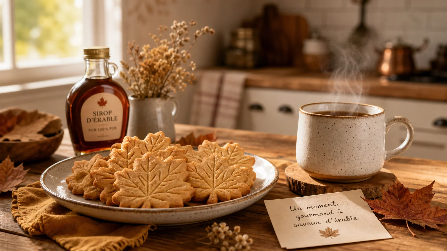 Scène de pause gourmande avec biscuits à l'érable et thé