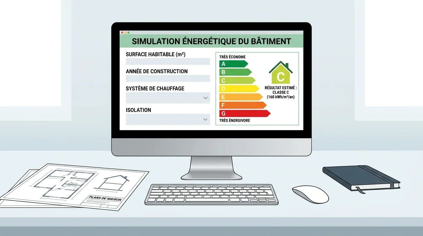 Écran d'ordinateur affichant un simulateur de diagnostic de performance énergétique avec étiquettes de A à G