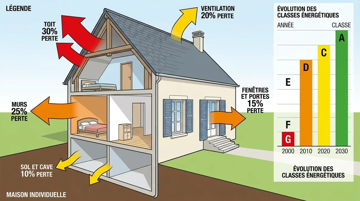 Schéma de déperditions thermiques d'une maison française avec étiquettes énergétiques