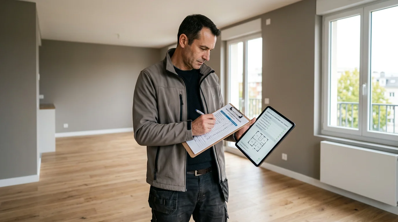 Diagnostiqueur certifié vérifiant les diagnostics obligatoires dans un logement