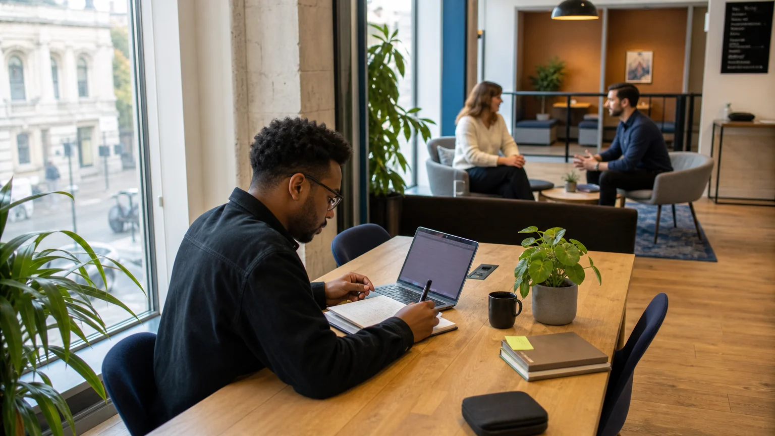 Professional working in a bright Bristol coworking environment