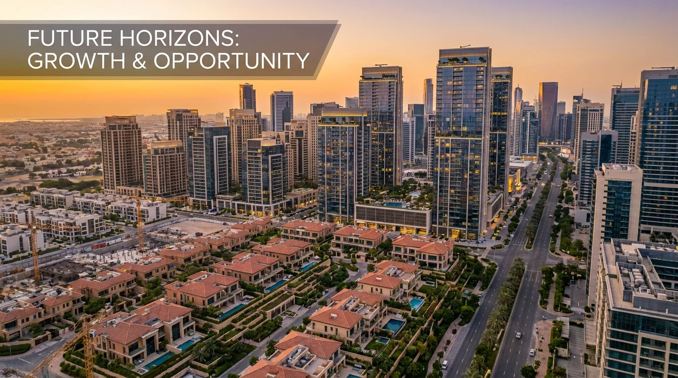 Modern city skyline with luxury residential properties at golden hour representing real estate investment opportunities