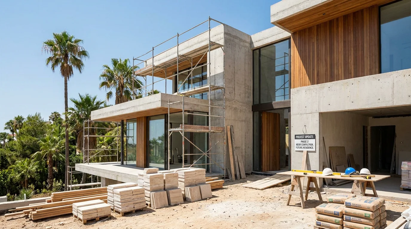 Luxury villa undergoing renovation in a warm climate representing property flip investment opportunities