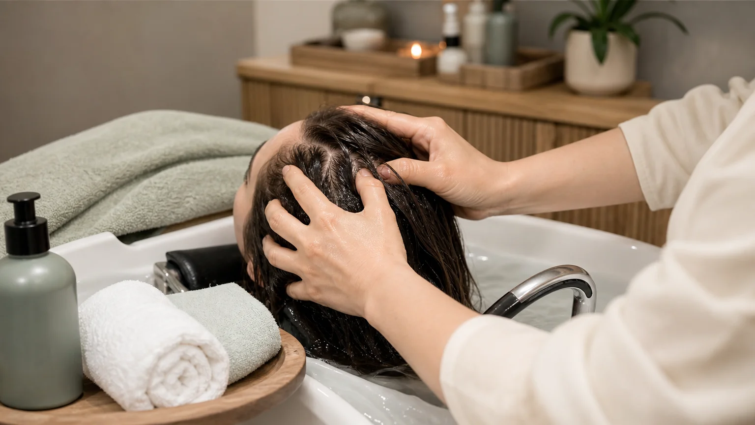 Gros plan sur un massage doux du cuir chevelu pendant un rituel Head Spa