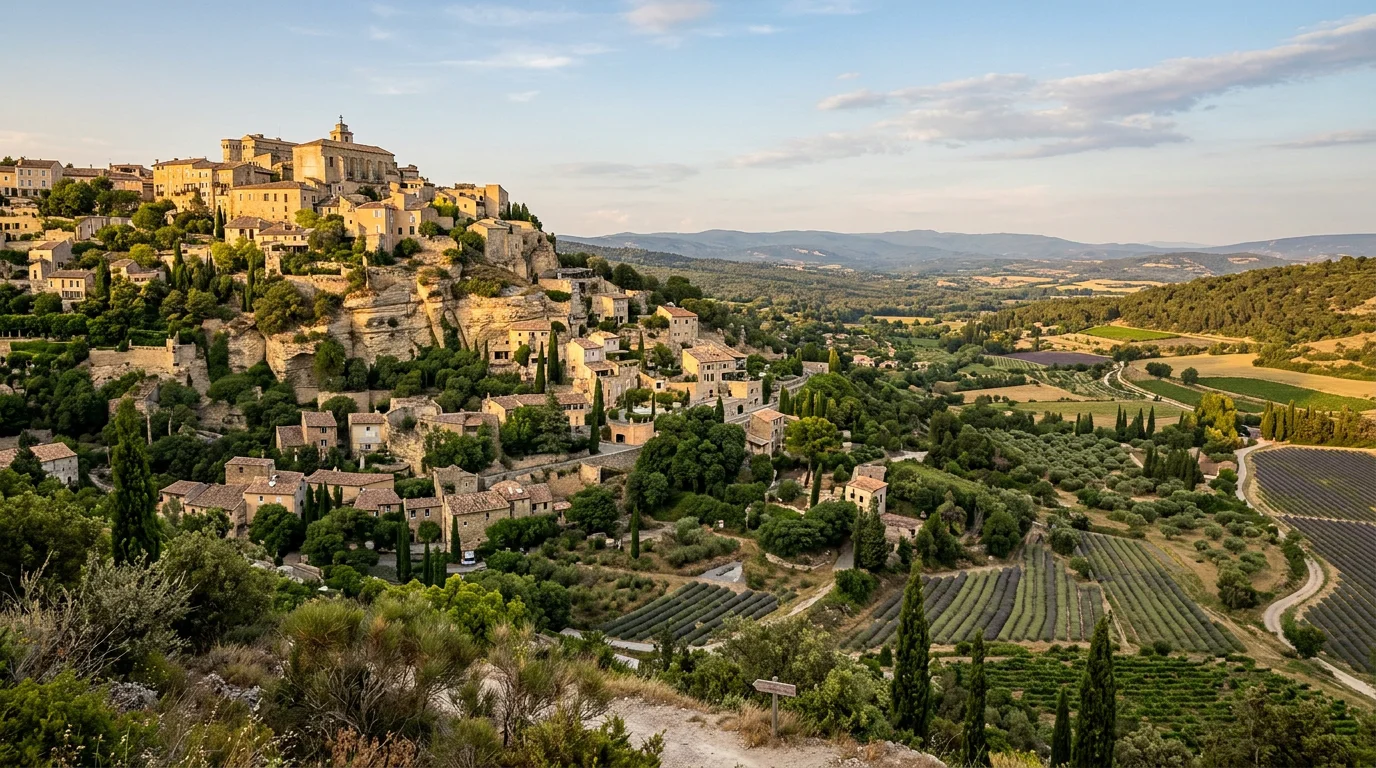 Village perché du Luberon entouré de champs de lavande au coucher du soleil