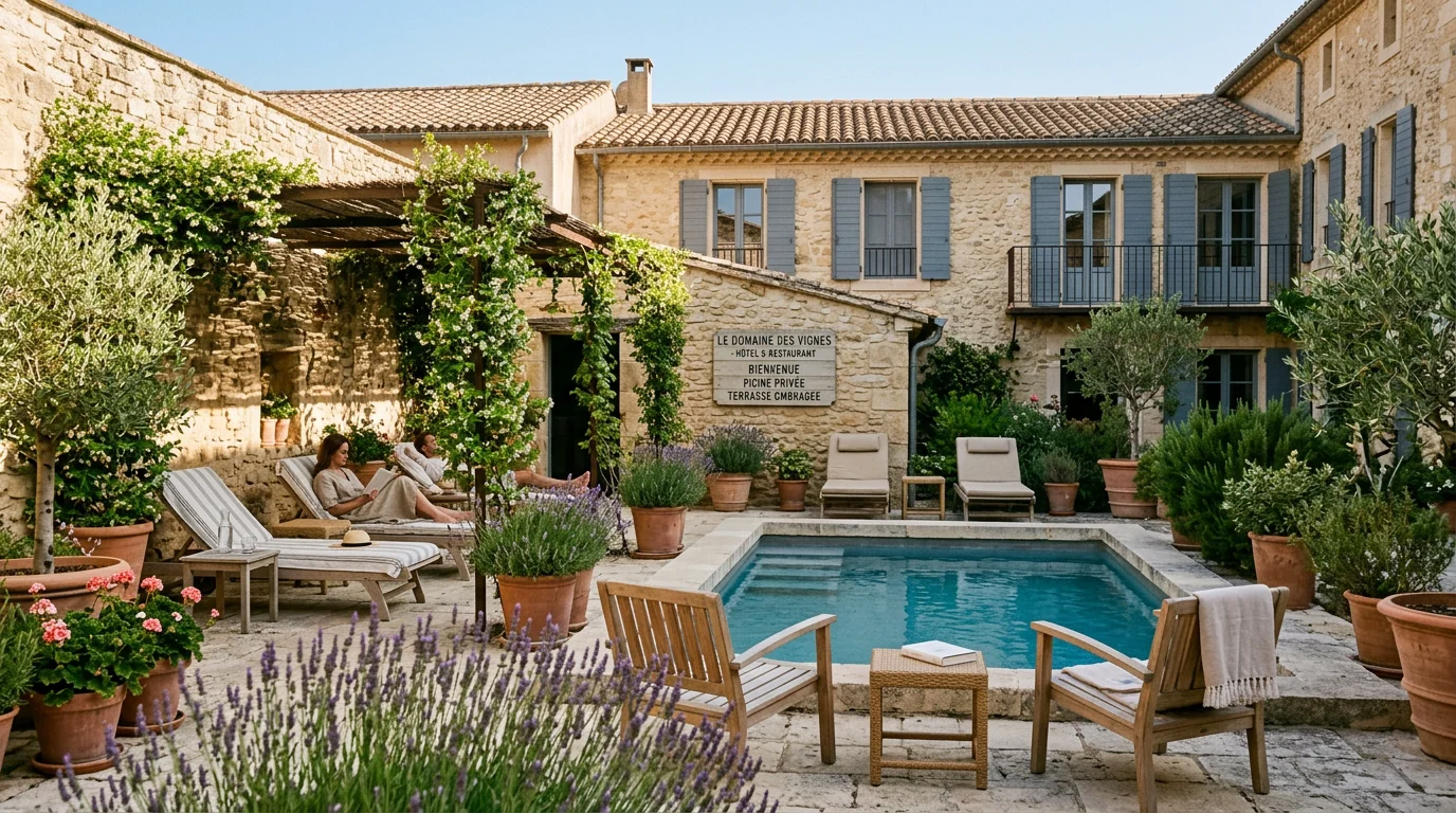 Cour intérieure d'un hôtel de charme provençal avec terrasse ombragée