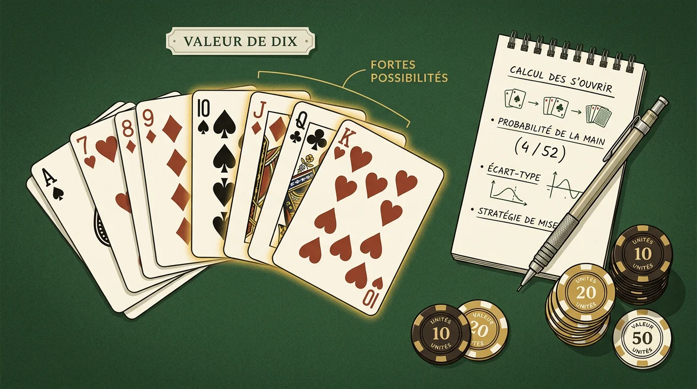 Cartes de blackjack étalées avec les cartes valant dix mises en avant pour illustrer les probabilités