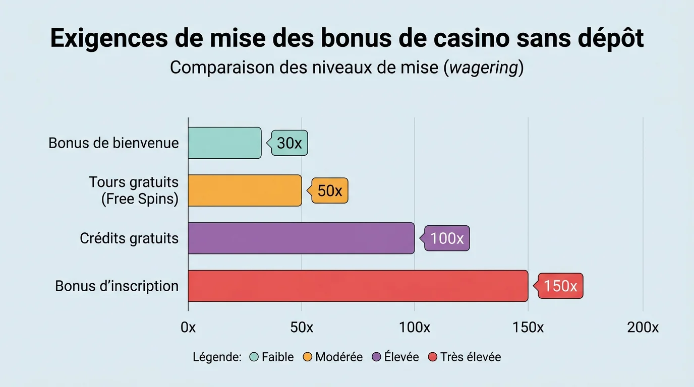 Infographie comparant les exigences de mise des bonus sans dépôt de casino
