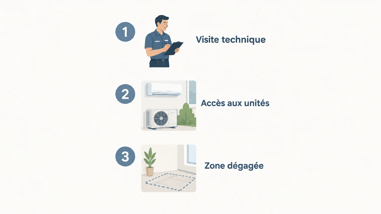 Checklist illustrée en trois étapes pour préparer une installation de climatisation : visite technique, accès aux unités et zone dégagée.